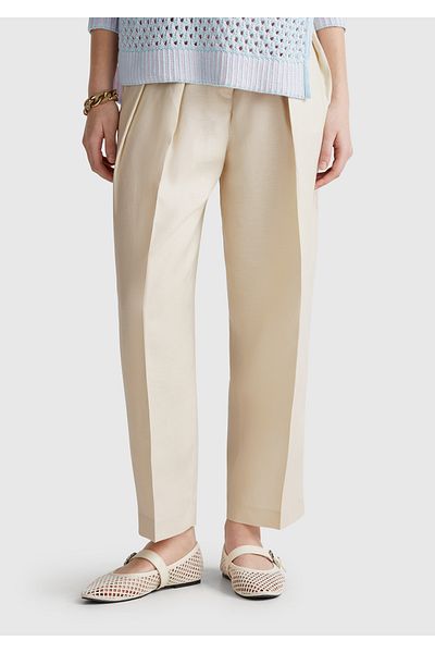 United Colors of Benetton Women's Stone Color Linen Blended Carrot Cut Trousers