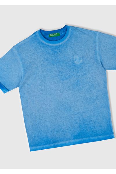 United Colors of Benetton Tricou oversize brodat cu logo cu efect de decolorare albastru Saks pentru băiat