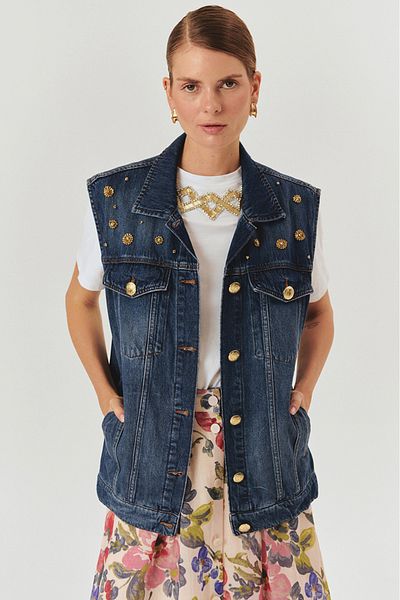Exquise Stone Detailed Cotton Indigo Denim Vest