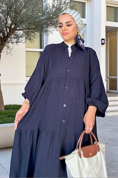 Aselim Hijap Moda Καλοκαιρινό φόρεμα με ρόμπα από ύφασμα φράουλα |   Μπλε Navy με κουμπιά και άνετη εφαρμογή