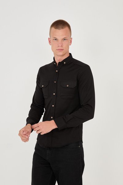 jack carisma Double Pocket Black Collared Flexible and Textured Men's Shirt