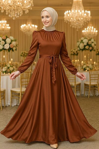 Neva Style Balloon Sleeve Brown Hijab Satin Evening Dress 25131Kh