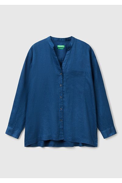 United Colors of Benetton Cămașă de damă din denim 100% in, supradimensionată, cu guler mandarin, cu buzunar în față stânga