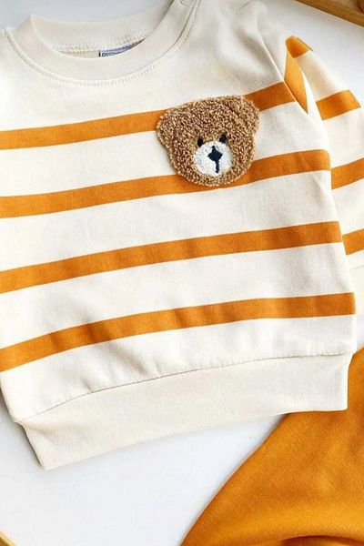 MixMax Bebe Striped Bear Embroidered Cotton Long Sleeve Baby Boy Set