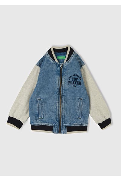 United Colors of Benetton Boy's Light Gray Melange Sleeve Striped Printed Contrast Color Zippered Sweatshirt
