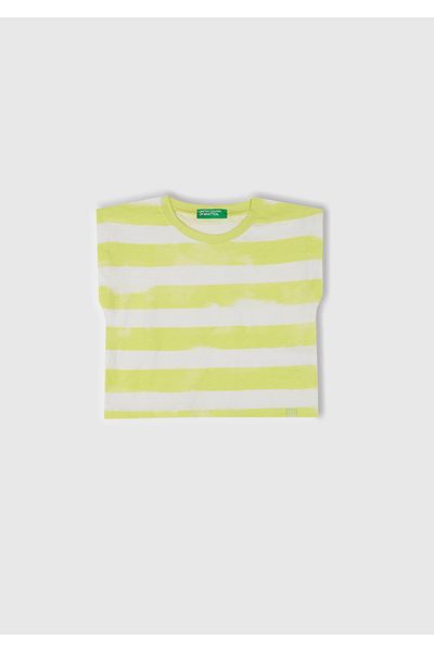 United Colors of Benetton Girls' Yellow Striped Neck Ribbed Logo Label Detail Sleeveless T-Shirt