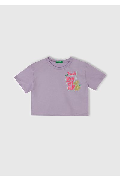 United Colors of Benetton Girl's Lilac Shiny Printed Crew Neck T-Shirt
