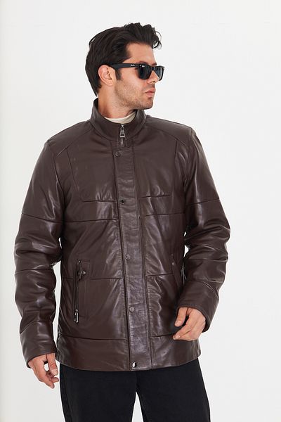 By Marki Marki Men's Brown Genuine Leather Puffer Coat – Zipper and Snap Closure, Lined, Regular Fit