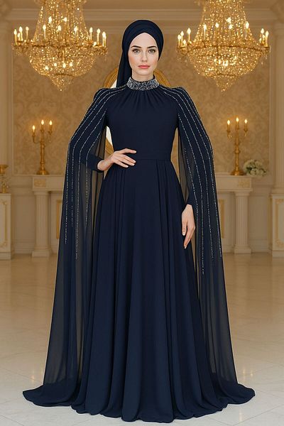 Neva Style Cape Detailed Navy Blue Hijab Evening Dress 47381L