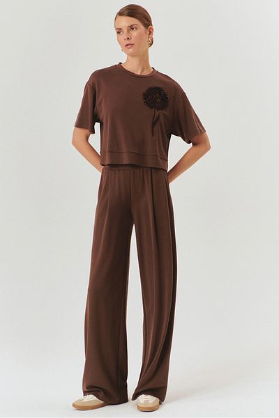 Exquise Elastic Waist High Waist Relaxed Fit Modal Blended Knitted Pants