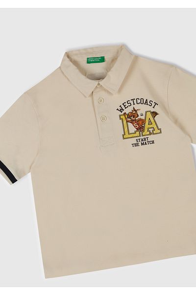 United Colors of Benetton Boy's Ecru Printed Woven Cuff Polo T-Shirt