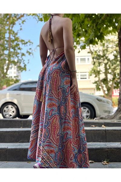VibeGaia Ethnic Patterned Indian Silk Bohemian V Neck Strap Summer Beach and Casual Long Dress Red /Blue