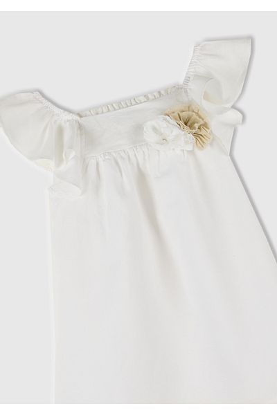 United Colors of Benetton Girls' White Linen Blend Floral Applique Strap Ruffle Pleated Dress