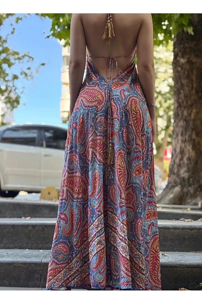 VibeGaia Ethnic Patterned Indian Silk Bohemian V Neck Strap Summer Beach and Casual Long Dress Red /Blue