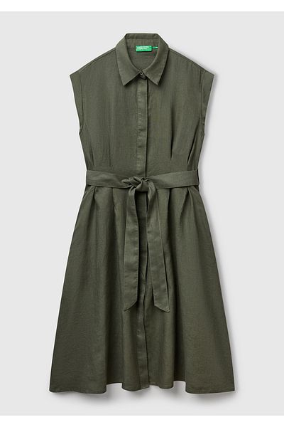 United Colors of Benetton Women's Khaki 100% Linen Pleated Shirt Dress with Detachable Belt