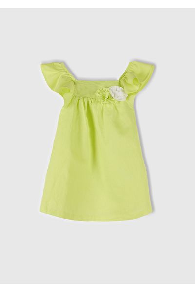 United Colors of Benetton Girls' Yellow Linen Blend Floral Applique Strap Ruffle Pleated Dress