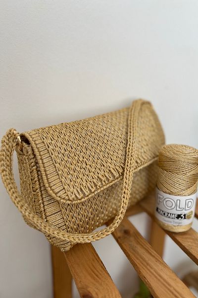 BD fold yarn Комплект за плетене на платнени чанти, златист цвят 45x21 - полиестерно макраме №3, комплект пластмасови платнени чанти - бляскава прежда