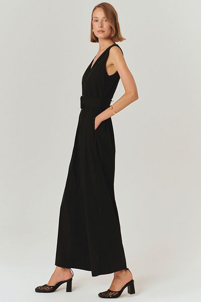 Exquise Black V-Neck Cotton Jumpsuit with Belt Detail