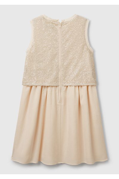 United Colors of Benetton Girl's Ecru Top Sequined Fabric Lined Pleated Tulle Skirt Sleeveless Dress