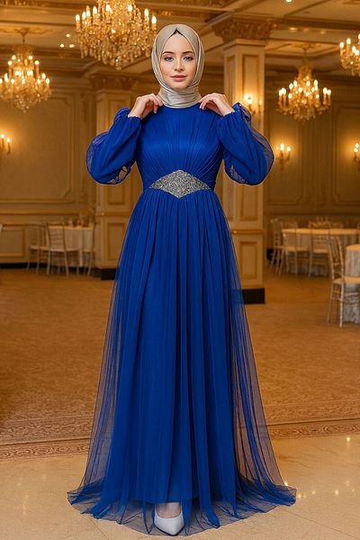 Neva Style Скромна вечерна рокля от тюл Sax синя 54230sx