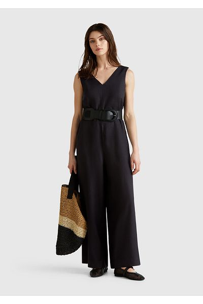 United Colors of Benetton Women's Black 100% Linen Belted Size Fitting Wide Leg V-Neck Jumpsuit
