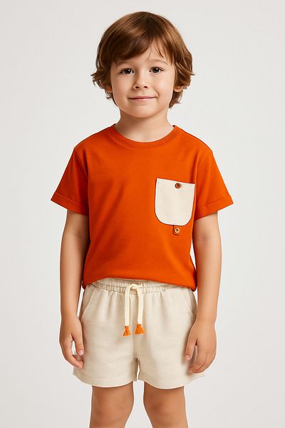 minibambi Orange Muslin Shorts Set for Boy