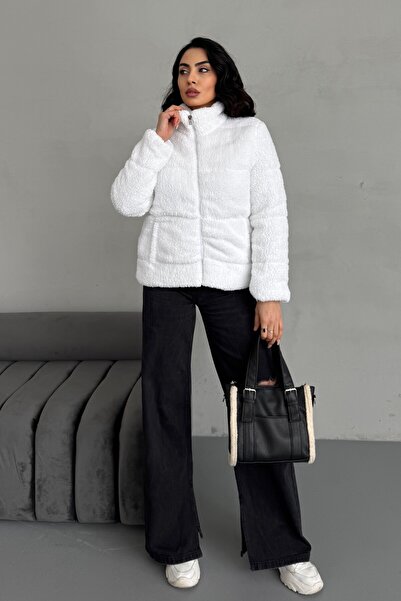 moda armanc Надуваемо яке с плюшено плюшено теди в цвят екрю