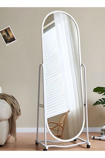 Taimi مرآة أنيقة 160×38 سم - مرآة مزخرفة - حامل أبيض قوي مع 4 عجلات لسهولة الحركة