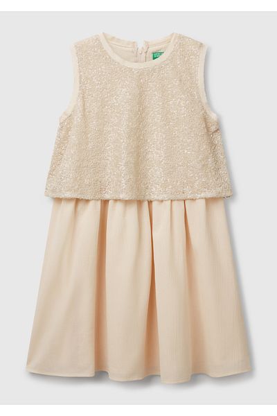 United Colors of Benetton Girl's Ecru Top Sequined Fabric Lined Pleated Tulle Skirt Sleeveless Dress