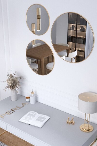 ysnn aksesuar 3 Lü Duvar Aynası Gold Renk Metal Cerceveli Gümüş Ayna Takımı 4...