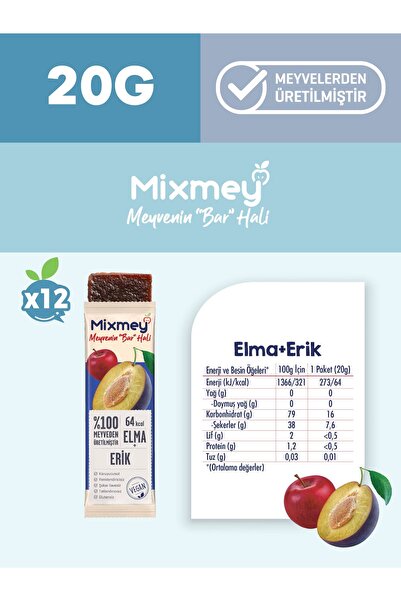 mixmey Şeftali Erik Karma Meyve Barı 24 Adet | Sağlıklı Atıştırmalıklar – Vegan, Glutensiz (20GR X 24 ADET)