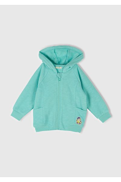 United Colors of Benetton Baby Water Green Logo Zippered Patch Pocket Ribbed Hooded Sweatshirt