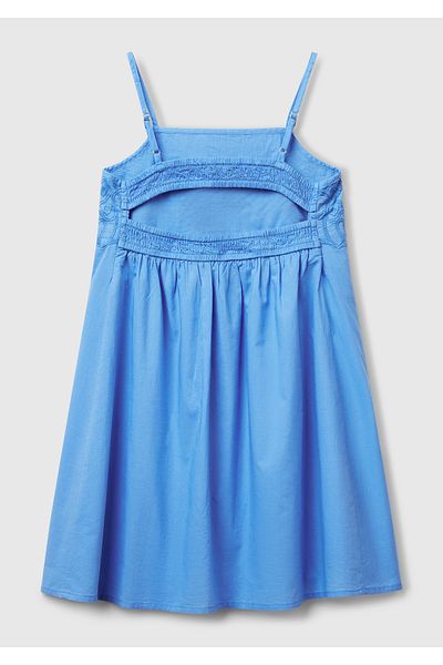 United Colors of Benetton Rochie albastră pentru fete, cu detaliu brodat, plisată, cu bretele de umăr reglabile