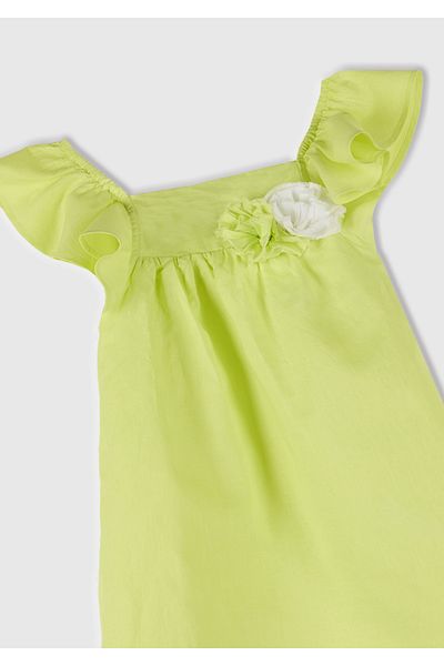 United Colors of Benetton Girls' Yellow Linen Blend Floral Applique Strap Ruffle Pleated Dress
