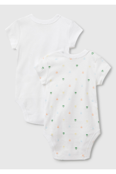 United Colors of Benetton Baby White Patterned Short Sleeve 2-Piece Bodysuit Set with Snap Fasteners