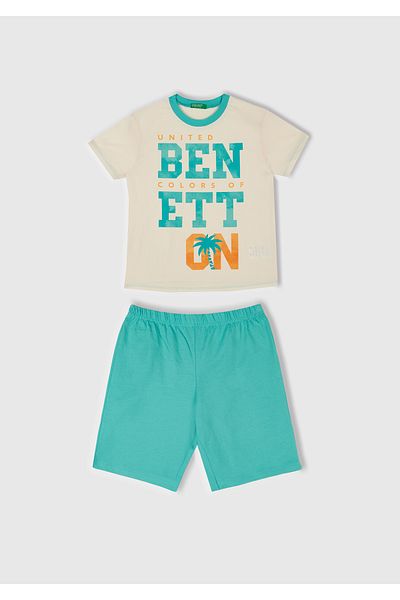 United Colors of Benetton Boys' Turquoise Letter Printed T-Shirt and Shorts Pajama Set