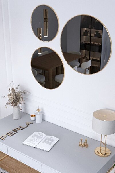 ysnn aksesuar 3 Lü Duvar Aynası Gold Renk Metal Cerceveli Füme Ayna Takımı 47...