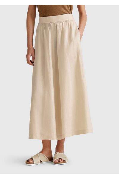 United Colors of Benetton Women's Stone Color 100% Linen Pleated Long Skirt with Elastic Back Waist