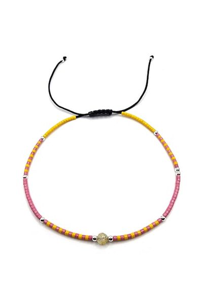 Lexy's Boutique Ankle Bracelet, Handmade, 925 Silver, Adjustable, Miyuki Beads and Citrine, Yellow/Pink