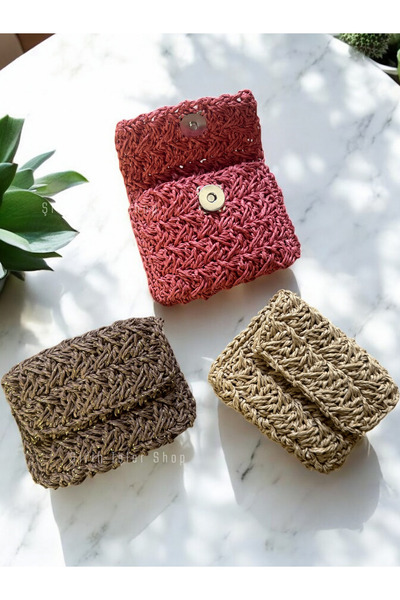 ŞİRİN İŞLER SHOP Mini Cüzdan Bej / Örme Cüzdan / El Örgüsü Cüzdan / Hasır Cüzdan/ Örgü Cüzdan / Şirin Cüzdan Kağıt Ip