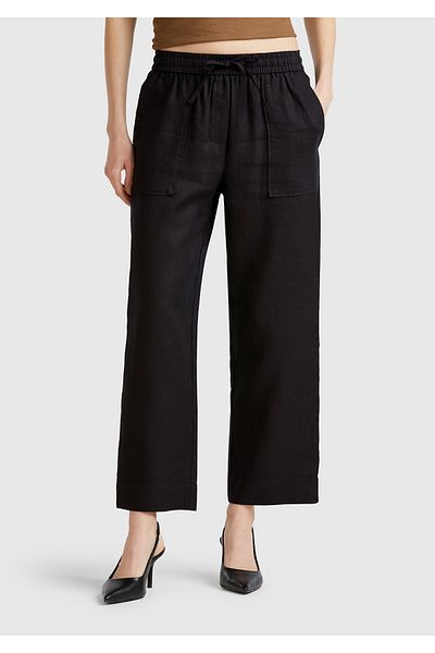 United Colors of Benetton Women's Black 100% Linen Drawstring Pocket Trousers