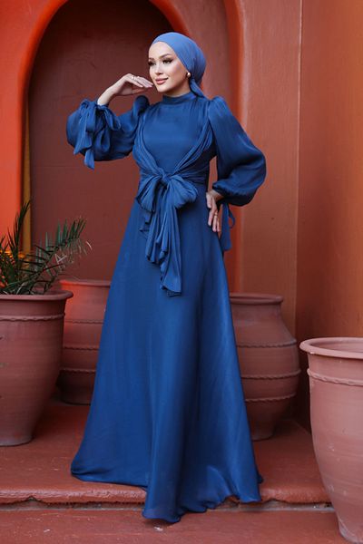 N.S NEVA STYLE Βραδινό φόρεμα Hijab Navy Blue με λεπτομέρεια δεμένη 52223L