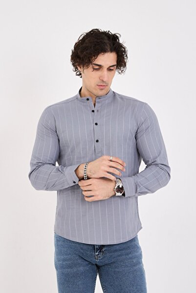 jack carisma Ανδρικό πουκάμισο ελαστικό βαμβακερό Slim Fit Half Grey - Ζωντανός γιακάς