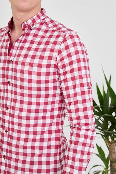 jack carisma Карирана бяло-червена мъжка риза Slim Fit, гъвкава яка с копчета