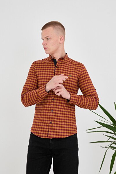 jack carisma Damalı-ekose Hardal Slim Fit Pamuklu Esnek Düğmeli Yaka Erkek Gömlek