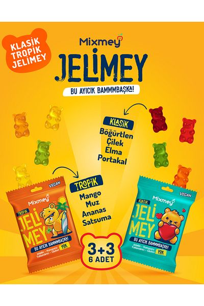 mixmey Jelimey Karma - 6 Pcs X 35 g Natural Gummy Bear Without 3 Classic + 3 Tropical Gelatins