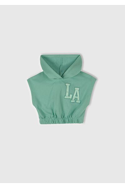 United Colors of Benetton Girl's Water Green Sleeveless Hooded Sweatshirt with Applique on the Front and Embroidery Detail