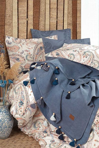 İyi Geceler İstanbul Σετ Παπλωματοθήκη με Διπλή Φούντα Cobalt Blue - Boho Chic με Κουβέρτα