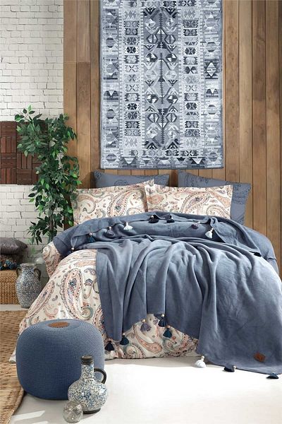 İyi Geceler İstanbul Σετ Παπλωματοθήκη με Διπλή Φούντα Cobalt Blue - Boho Chic με Κουβέρτα