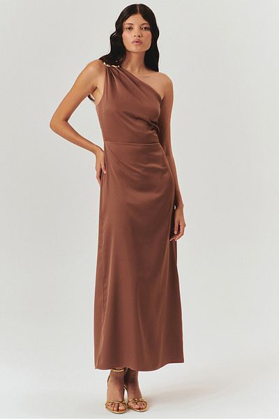 Exquise Gold Buckle Detailed One Shoulder Tie Brown Midi Dress